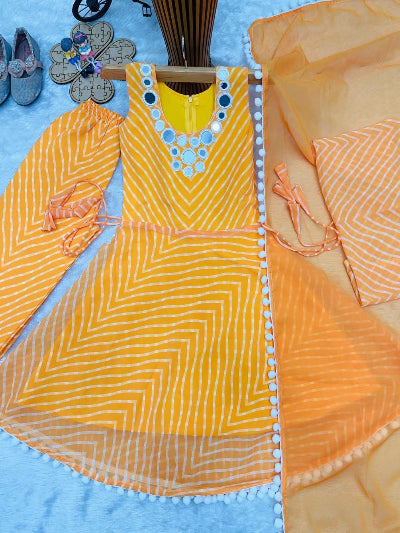 Kids Orange Georgette Anarkali Suit Set with Mirror Embellishments