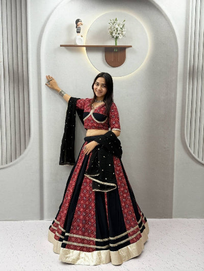 Readymade Fully Stitched Lehenga Choli Set with Heavy Ajrakh Print &amp; Mirror Lace