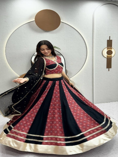 Readymade Fully Stitched Lehenga Choli Set with Heavy Ajrakh Print &amp; Mirror Lace