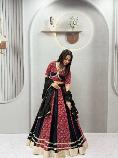 Readymade Fully Stitched Lehenga Choli Set with Heavy Ajrakh Print &amp; Mirror Lace