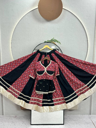 Readymade Fully Stitched Lehenga Choli Set with Heavy Ajrakh Print &amp; Mirror Lace