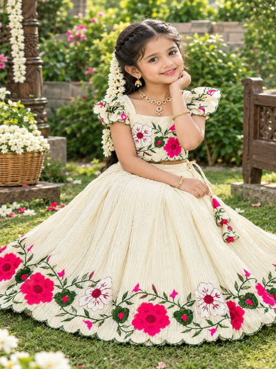 Kids Creamy White Silk Lehenga Choli with Multi-Colour Floral Embroidery