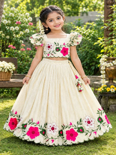 Kids Creamy White Silk Lehenga Choli with Multi-Colour Floral Embroidery