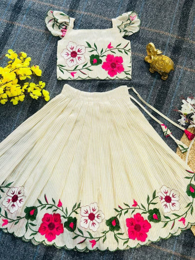 Kids Creamy White Silk Lehenga Choli with Multi-Colour Floral Embroidery