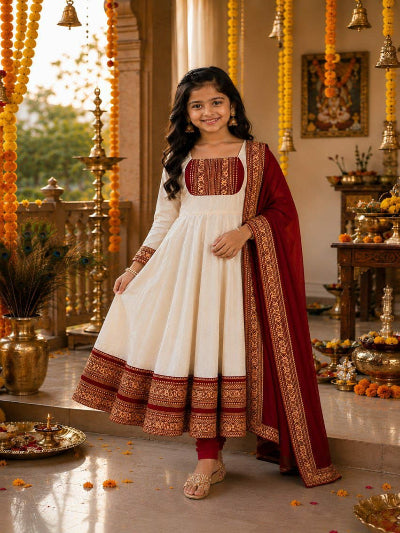 Kids South Indian Jacquard Anarkali Dupatta Set Of 2