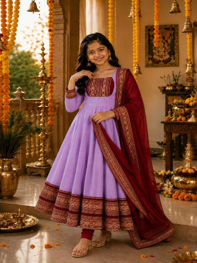 Kids South Indian Jacquard Anarkali Dupatta Set Of 2