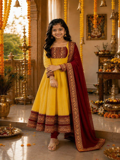 Kids South Indian Jacquard Anarkali Dupatta Set Of 2