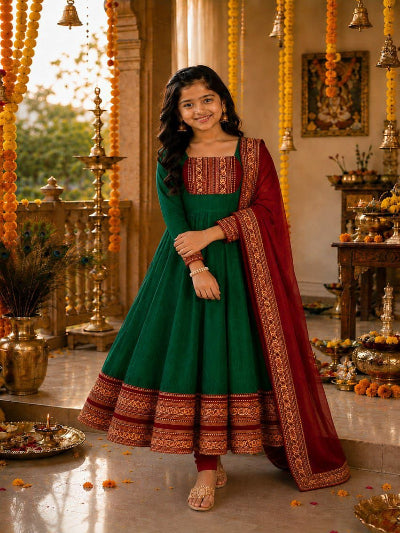 Kids South Indian Jacquard Anarkali Dupatta Set Of 2