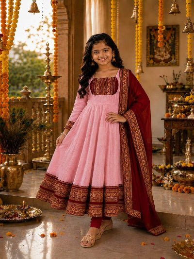 Kids South Indian Jacquard Anarkali Dupatta Set Of 2