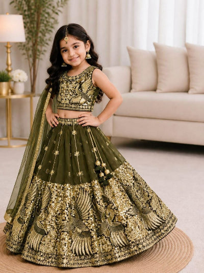 Kids Olive Green Embroidery Work Lehenga Choli Set
