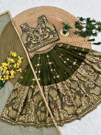 Kids Olive Green Embroidery Work Lehenga Choli Set