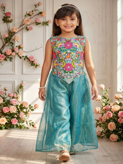 Kids Twill Net Kurta with Fine Embroidery &amp; Flared Sharara Pant Set