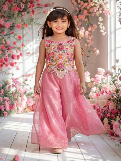 Kids Twill Net Kurta with Fine Embroidery &amp; Flared Sharara Pant Set