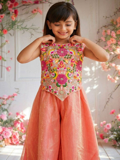 Kids Twill Net Kurta with Fine Embroidery &amp; Flared Sharara Pant Set
