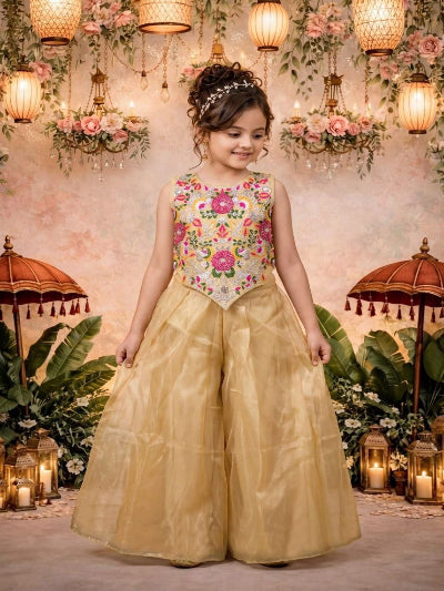 Kids Twill Net Kurta with Fine Embroidery &amp; Flared Sharara Pant Set