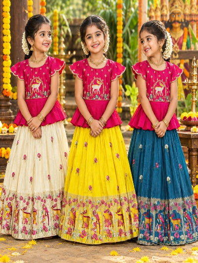 Kids Pink Crunchy Silk Lehenga with Multicolour Floral Embroidery