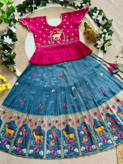 Kids Pink Crunchy Silk Lehenga with Multicolour Floral Embroidery