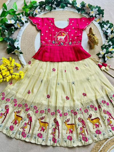 Kids Pink Crunchy Silk Lehenga with Multicolour Floral Embroidery