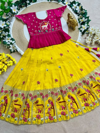 Kids Pink Crunchy Silk Lehenga with Multicolour Floral Embroidery