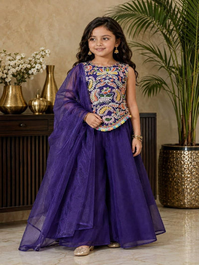 Kids Premium Twill Net Kurta with Detailed Embroidery &amp; Sharara Pant Set