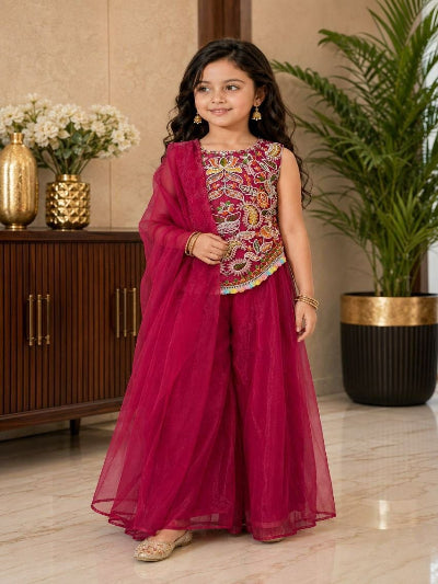 Kids Premium Twill Net Kurta with Detailed Embroidery &amp; Sharara Pant Set