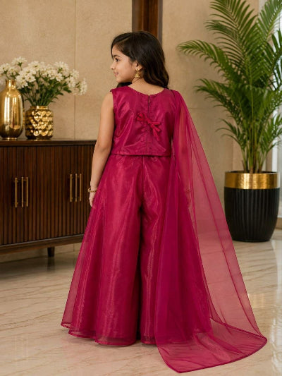 Kids Premium Twill Net Kurta with Detailed Embroidery &amp; Sharara Pant Set