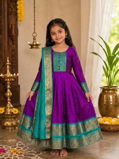Kids Premium Pattu Silk Gown with Rich Jacquard Work &amp; Kanchi Dupatta