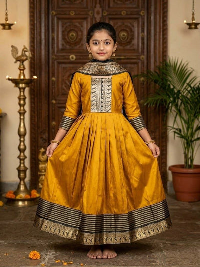 Kids Premium Pattu Silk Gown with Rich Jacquard Work &amp; Kanchi Dupatta
