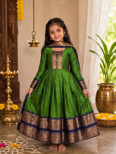 Kids Premium Pattu Silk Gown with Rich Jacquard Work &amp; Kanchi Dupatta