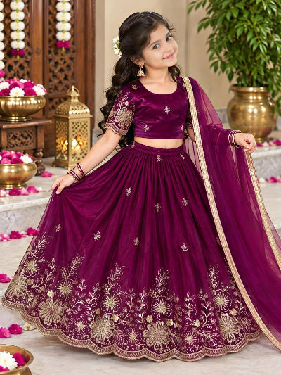 Kids Dark Burgandy Embroidery Lehenga Choli Set