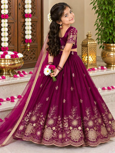 Kids Dark Burgandy Embroidery Lehenga Choli Set