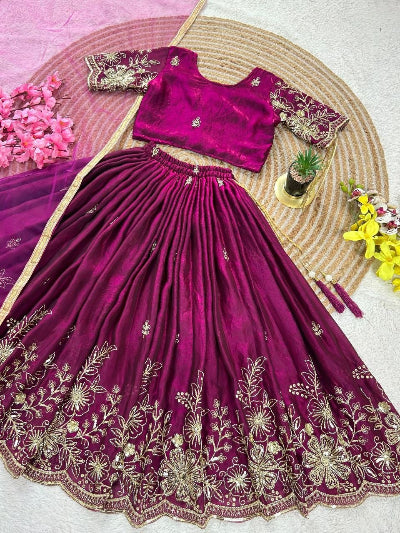 Kids Dark Burgandy Embroidery Lehenga Choli Set