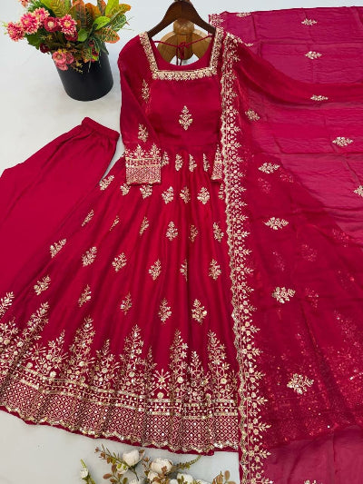 Red Embroidered Silk Anarkali Gown Suit Set