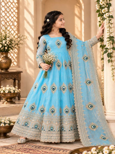 Kids Sky Blue Silk Embroidery Zari Sequins Anarkali Gown Suit Set