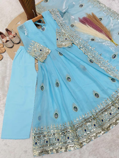 Kids Sky Blue Silk Embroidery Zari Sequins Anarkali Gown Suit Set