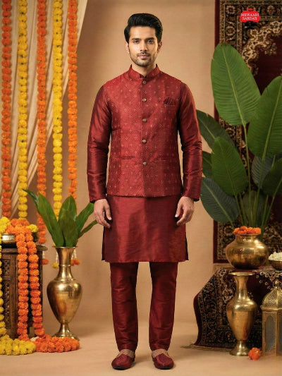Mens Jacquard Silk Kurta  Pyjama With Koti Jacket 3-Piece