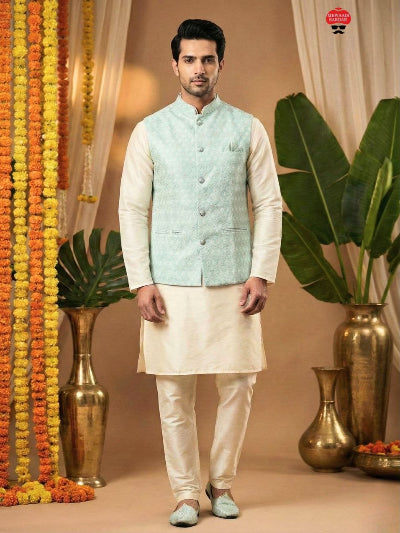 Mens Jacquard Silk Kurta  Pyjama With Koti Jacket 3-Piece