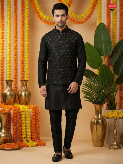 Mens Jacquard Silk Kurta  Pyjama With Koti Jacket 3-Piece