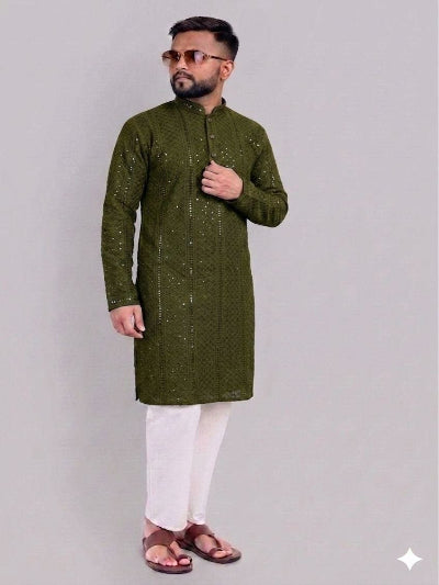Mens  Sequence Embroidery Rayon Kurta Pajama Set
