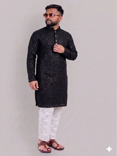 Mens  Sequence Embroidery Rayon Kurta Pajama Set