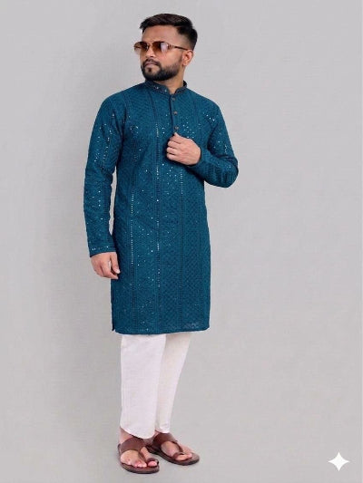 Mens  Sequence Embroidery Rayon Kurta Pajama Set