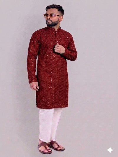 Mens  Sequence Embroidery Rayon Kurta Pajama Set