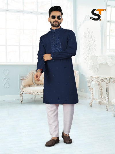 Mens Roman Silk Traditional Embroidery Kurta Pajama Set