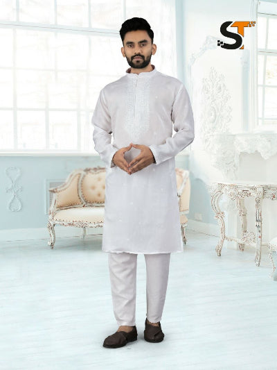 Mens Roman Silk Traditional Embroidery Kurta Pajama Set