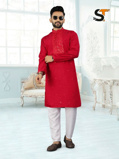Mens Roman Silk Traditional Embroidery Kurta Pajama Set