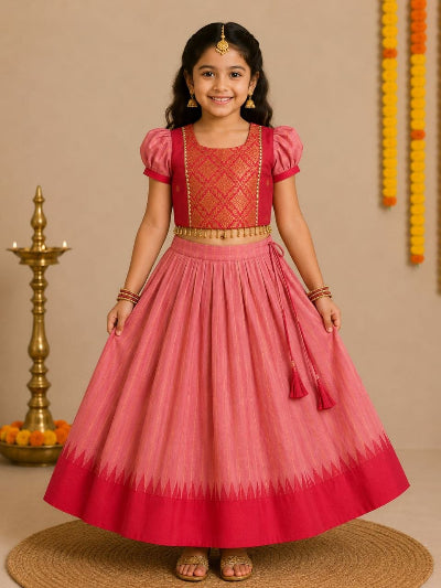 Kids Pink Gadwal Silk Zari Woven Lehenga Blouse Set