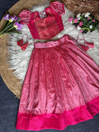 Kids Pink Gadwal Silk Zari Woven Lehenga Blouse Set