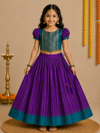 Kids Purple Gadwal Silk Zari Woven Lehenga Choli Set
