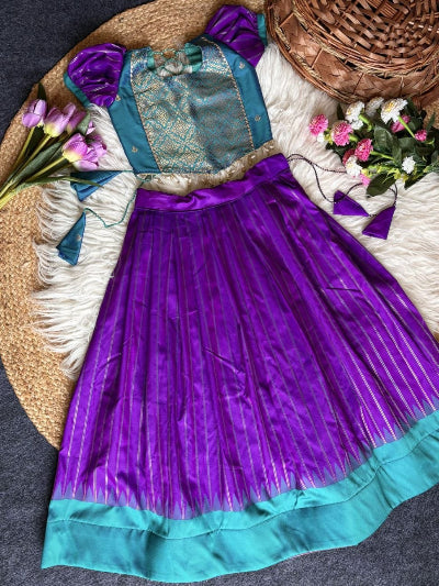 Kids Purple Gadwal Silk Zari Woven Lehenga Choli Set