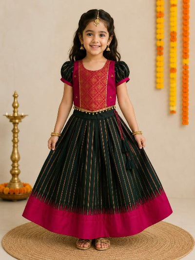Kids Black Pink Gadwal Silk Lehenga Choli Set